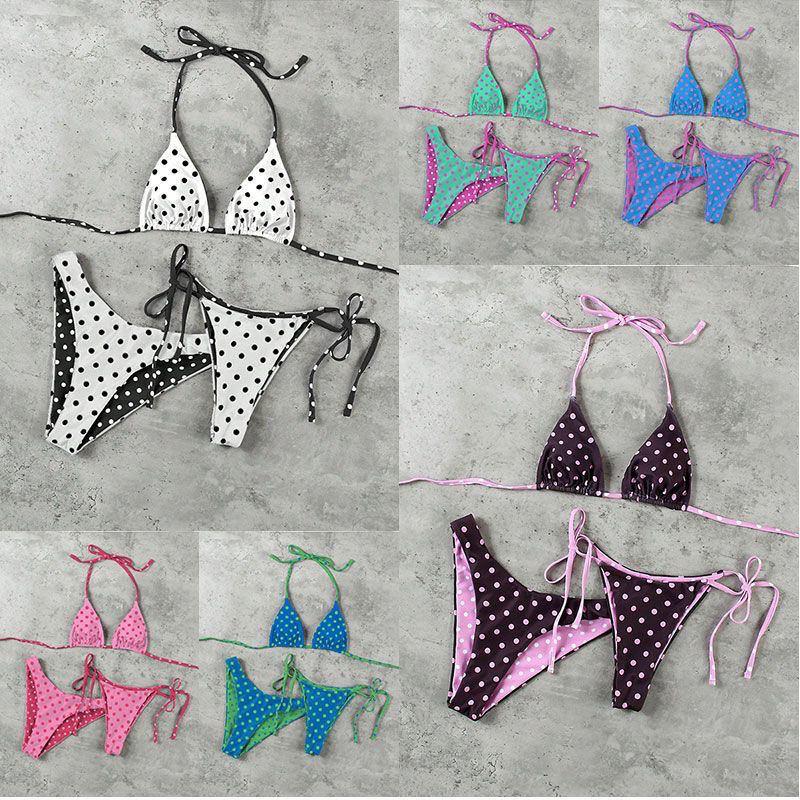 日系三件套泳衣多色圆点爆款三角包绑带bikini性感双裤头沙滩度假