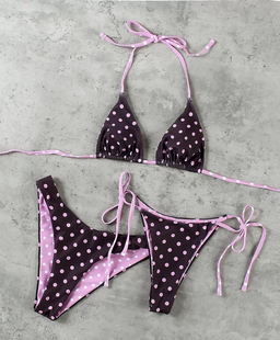 日系三件套泳衣多色圆点爆款 头沙滩度假 三角包绑带bikini性感双裤
