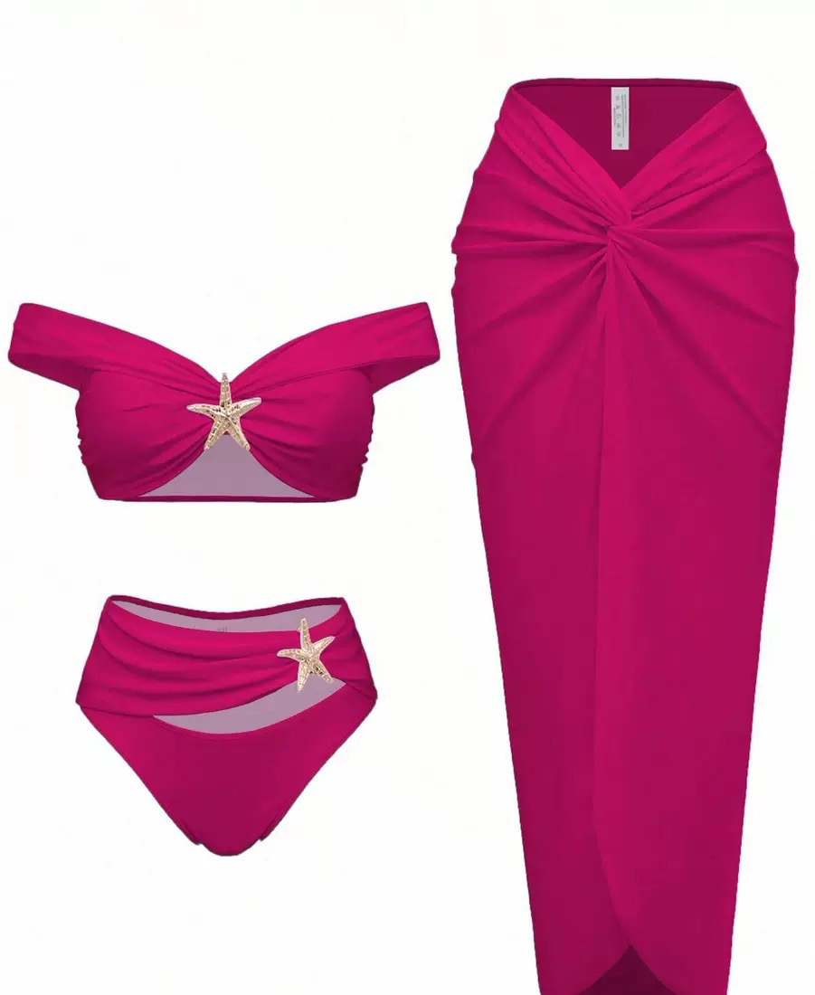 新款欧美性感比基尼女高级三件套海星分体泳衣纯色沙滩度假泳装