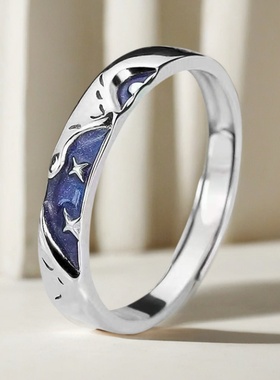 S925纯银蓝色星辰戒指男潮小众设计个性男女单身食指开口学生指环