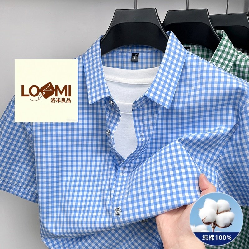 【小方格衬衣】]LOMI良品夏季新品男全棉格子衬衫休闲百搭衣服