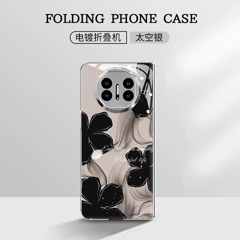 水墨花电镀玻璃折叠壳适用华为matex5手机壳x6新款高级感全包防摔保护套MateX3女ins风带手链小众不撞款外壳