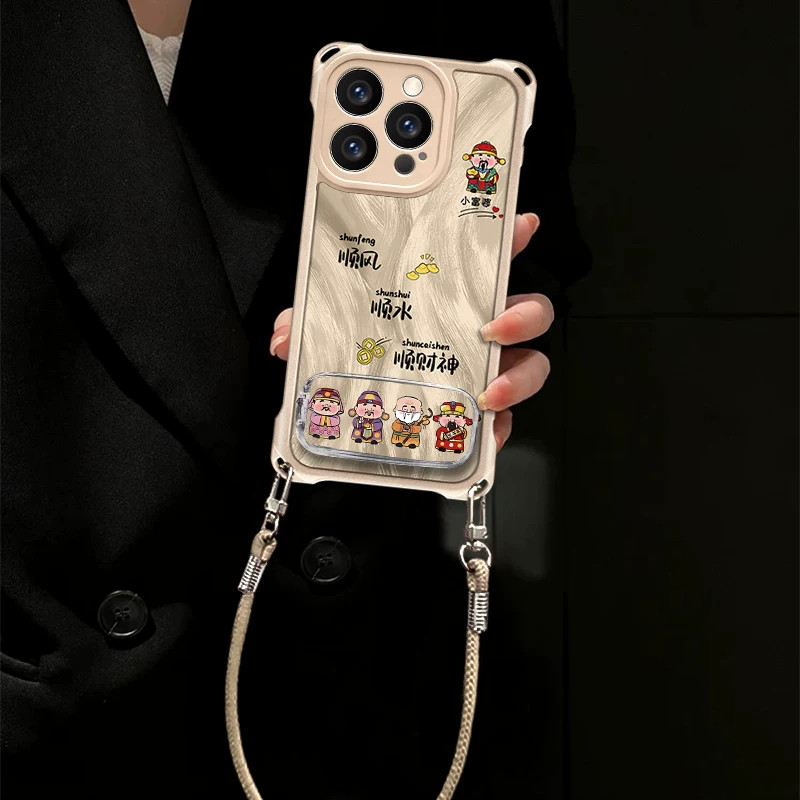 适用苹果17promax手机壳新款iPhone16pro轻奢高级感小众顺财神保护套15/13独特超好看14plus四角挂绳羽纱外壳