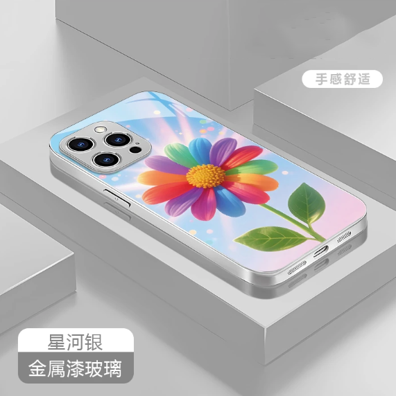炫彩太阳花金属漆玻璃壳适用苹果oppo华为vivo小米iPhone14plus手机壳15/16新款防摔保护套pura70女ins风外壳