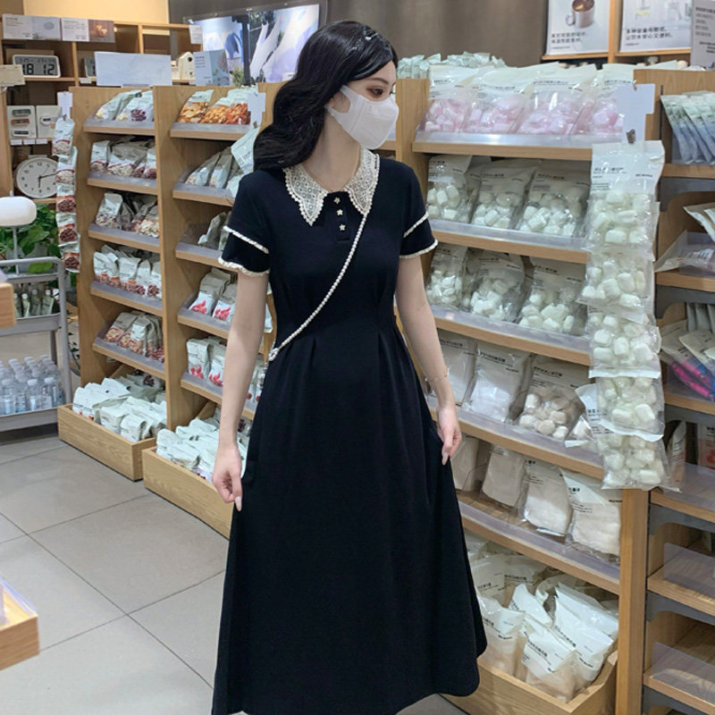 学院风POLO领女大童胖童连衣裙夏季初高中生黑色正肩短袖T恤长裙