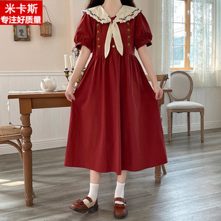 女大童连衣裙夏季森系初中生红色少女日系气质显瘦娃娃领过膝长裙