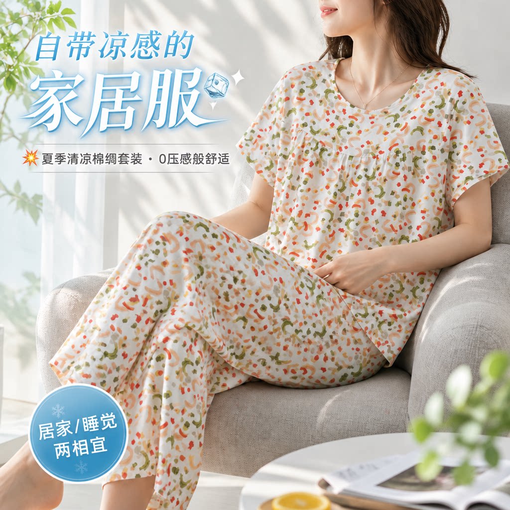 夏季棉绸女短袖八分裤睡衣套装