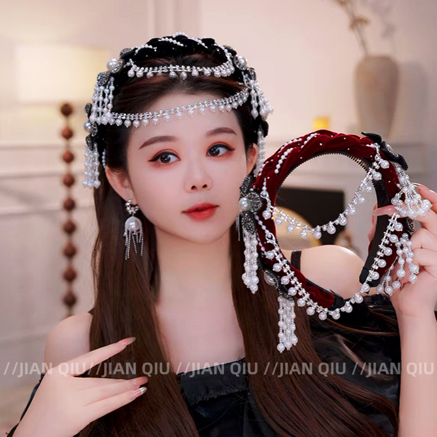 复古花朵流苏女王发箍新款民族风宽边发夹可摘卸手工编织珍珠发饰