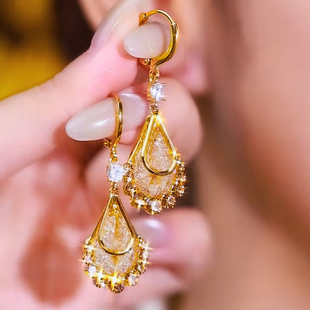 金丝气质网状镶钻时尚女王耳扣新款独特设计高级感女水滴耳环耳饰