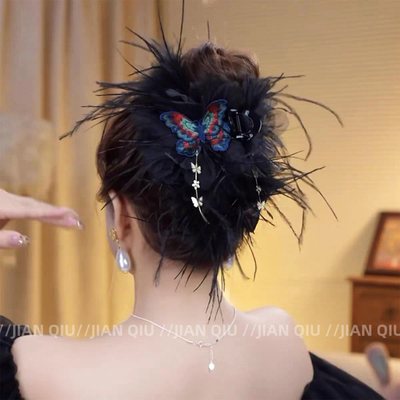 超仙气质微醺羽毛新中式蝴蝶抓夹