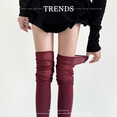 秋冬酒红竖条纹女过膝堆堆袜