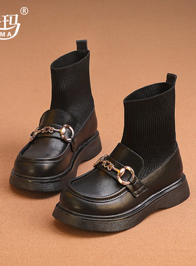 224230女童鞋儿童马丁短靴子秋冬真皮英伦风加绒袜棉靴宝宝单靴