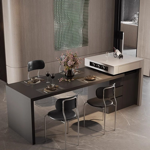 意式现代纯黑岩板岛台餐桌一体小户型家用多功能可伸缩厨房中岛台