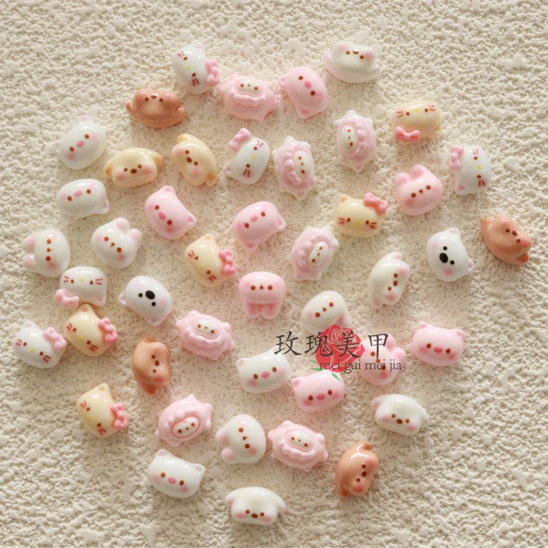 迷你卡通动物头美甲饰品 耳钉发夹装饰树脂配件 猫咪狗狗指甲贴片