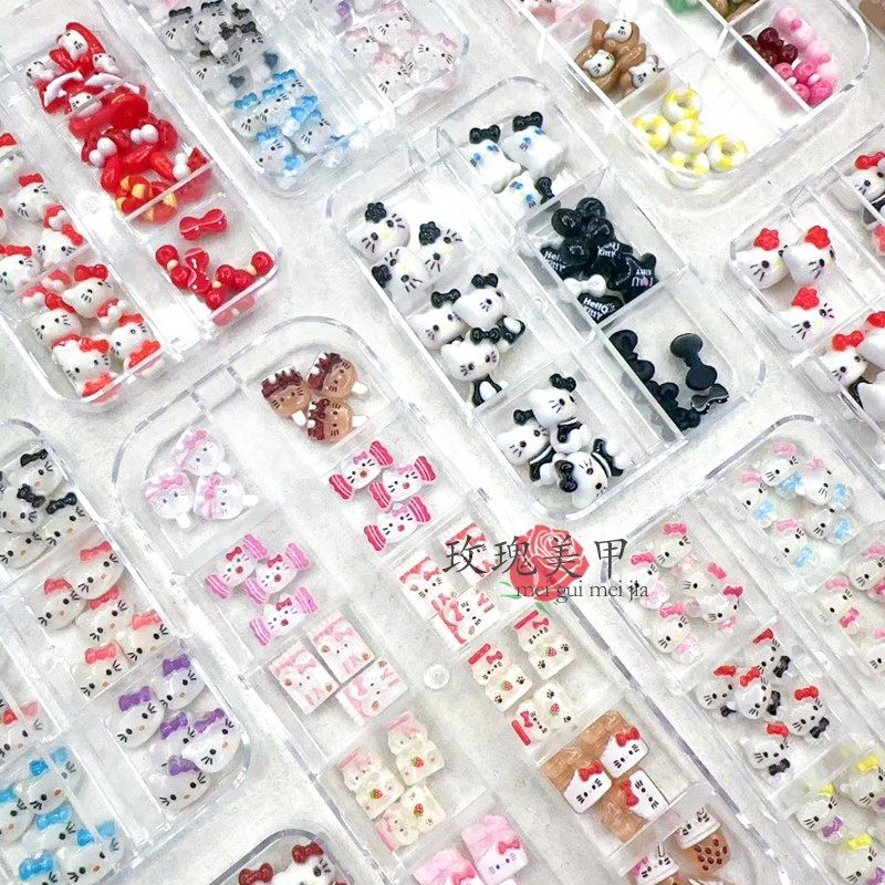 六格盒装KT猫美甲饰品 HelloKitty穿戴甲美甲钻饰 凯蒂猫指甲贴片