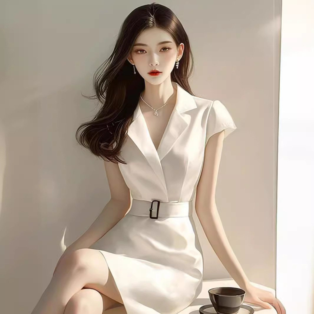 小香风高端精致正式场合赫本风修身显瘦白色短袖连衣裙女夏季