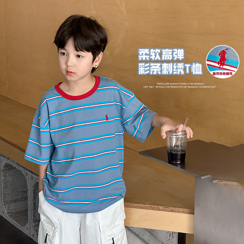 童梦楼2025夏季儿童时尚刺绣上衣男女童精棉条纹撞色短袖T恤潮