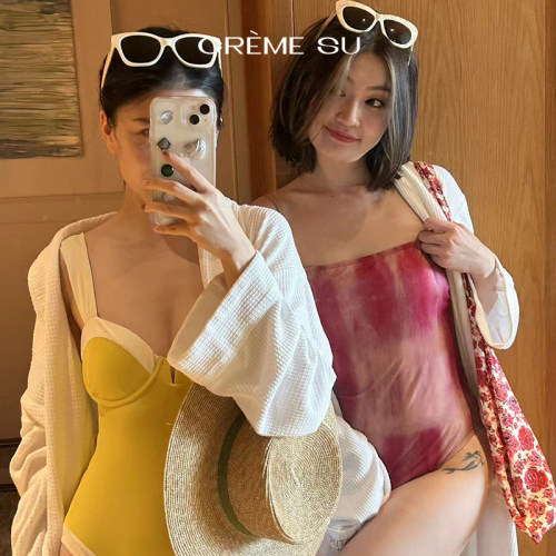 CremeSu海滨系列泳衣撞色性感连体泳衣女温泉拍照战袍泳装瘦