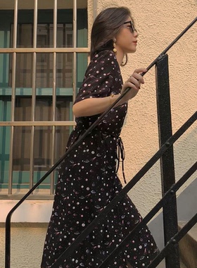 cremesu碎花星空气质连衣裙收腰裙子印花显瘦短袖长裙假日花园风