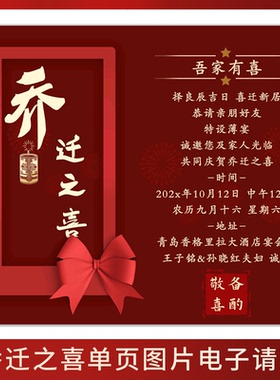 乔迁之喜电子请柬新居落成图片版邀请函搬家入伙进宅喜宴海报请帖