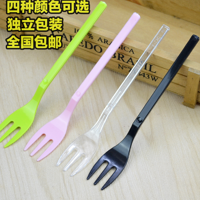 加厚一次性长柄水果叉 独立黑色食品级塑料三齿蛋糕甜点叉子新品