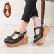 皮鞋 2024夏罗马坡跟T字带凉鞋 女士真皮包头厚底复古镂空百搭女鞋