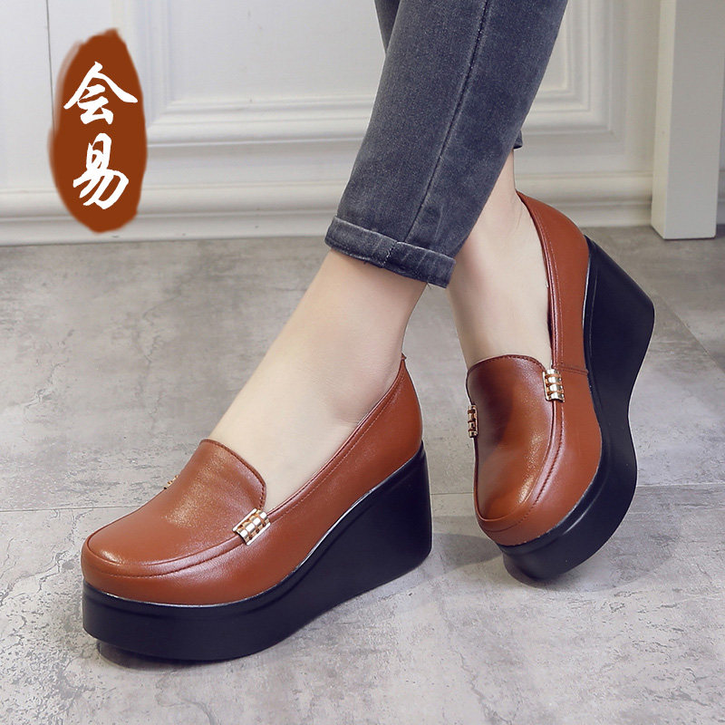 厚底真皮单鞋女2024春季新款坡跟高跟女鞋皮鞋休闲圆头牛皮松糕鞋,女鞋,浅口单鞋,淘宝优惠券,粉丝福利购,淘宝优惠卷