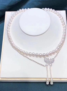 双层蝴蝶流苏年轻款珍珠项链