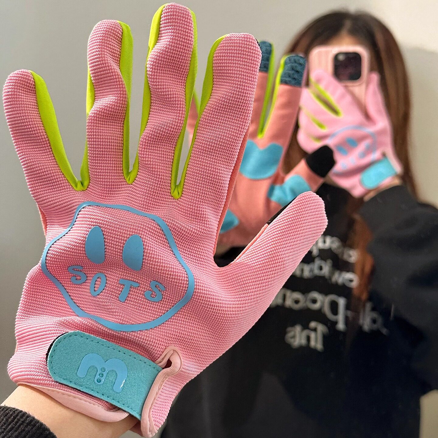 可爱笑脸骑行五指手套女四季通用骑电动车摩托车用防风保暖可触屏