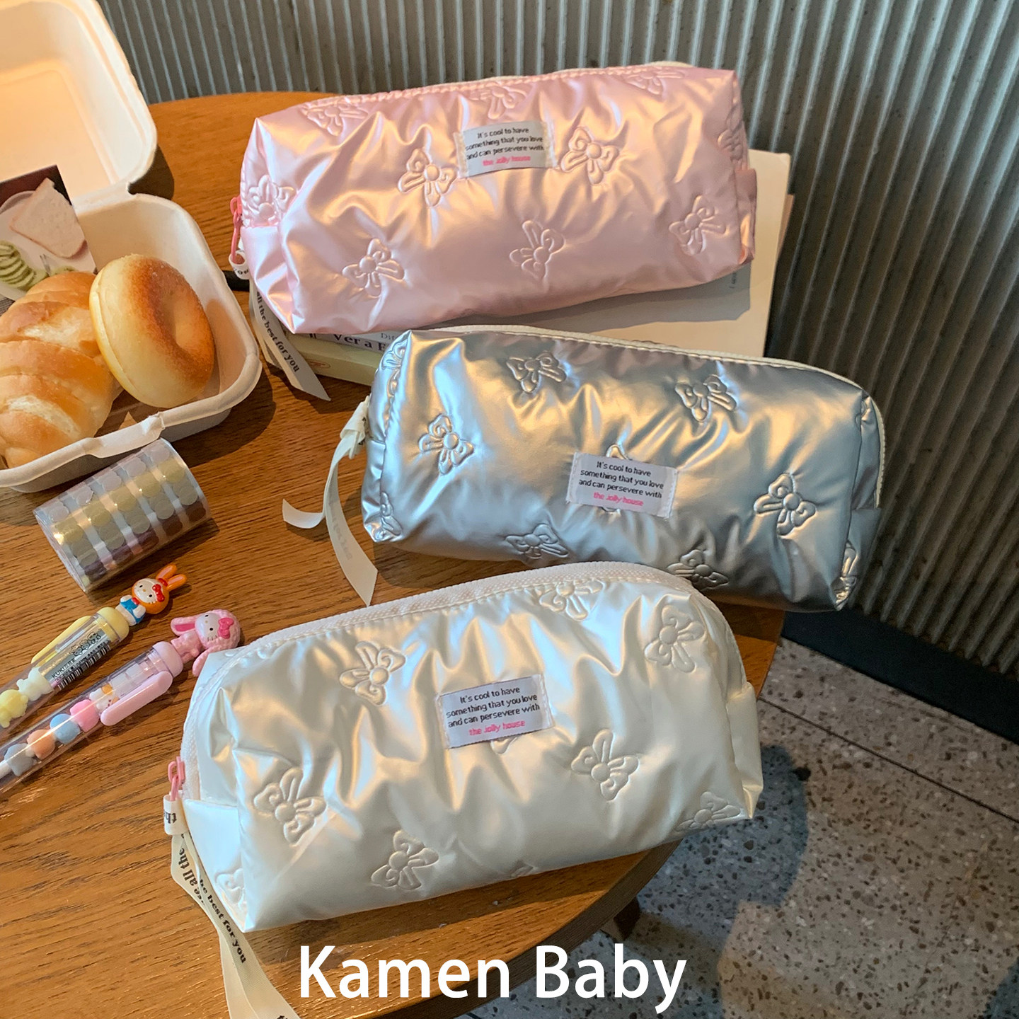 韩国ins风pu蝴蝶结笔袋女大容量初中文具袋防水便携小学生铅笔盒