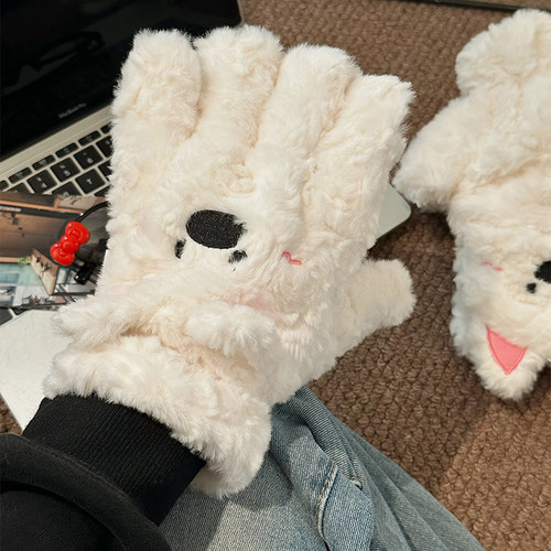 可爱西高地毛绒分指手套女冬季加绒加厚保暖挂脖手套骑行防风御寒