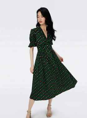 代购DVF2024早春新款泡泡袖绿色钻石立方体气质茶歇连衣裙DS4R005