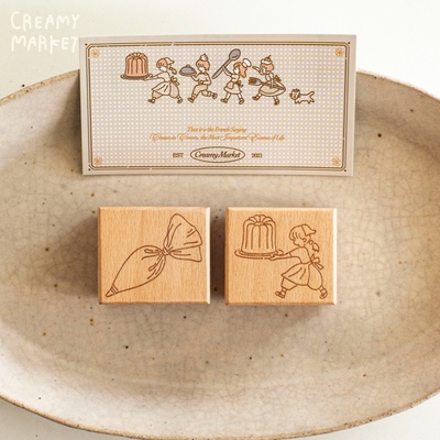 CreamyMarket一朵奶油原创裱花袋可露丽女孩系列实木水晶胶印章