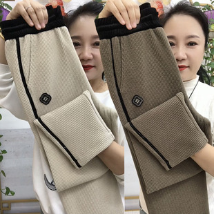 哈伦加厚洋气拼接老爹裤 女宽松直筒长裤 欧棉绒小脚奶奶裤 春秋新款