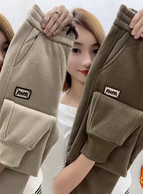 秋冬新款羊羔绒休闲裤女加绒加厚雪尼尔条绒卫裤高腰束脚哈伦裤子