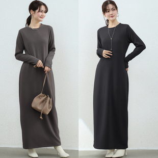 秋冬日系外穿纯色过膝长款加绒打底长裙长袖连衣裙女高级感百搭裙
