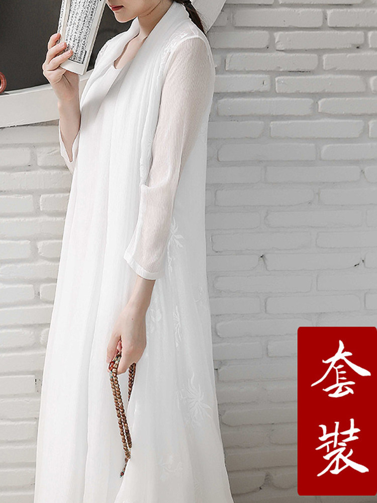 HANFU 여성의 여름 우아한 고대 스타일 가디건 차 선 의류 선녀 정신 선 스타일 및 중국 요소 중국 스타일 실크 드레스