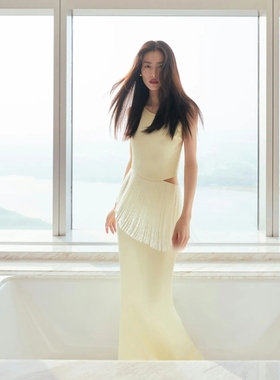 高级私人定制刘雯同款浅黄色醋酸丝缎连衣裙不规则吊带礼服百搭女