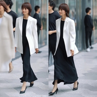 高端定制袁泉同款白色立领西装外套女黑色无袖连衣裙职场商务套装