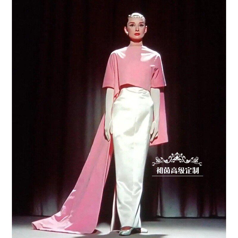 高端定制奥黛丽赫本同款圆领拖尾礼服裙短袖修身款高腰时尚鱼尾裙