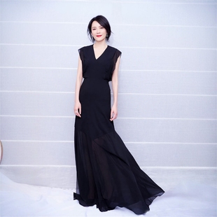 初茵私人定制俞飞鸿同款 黑色V领连衣裙气质网纱拼接长裙知性 法式