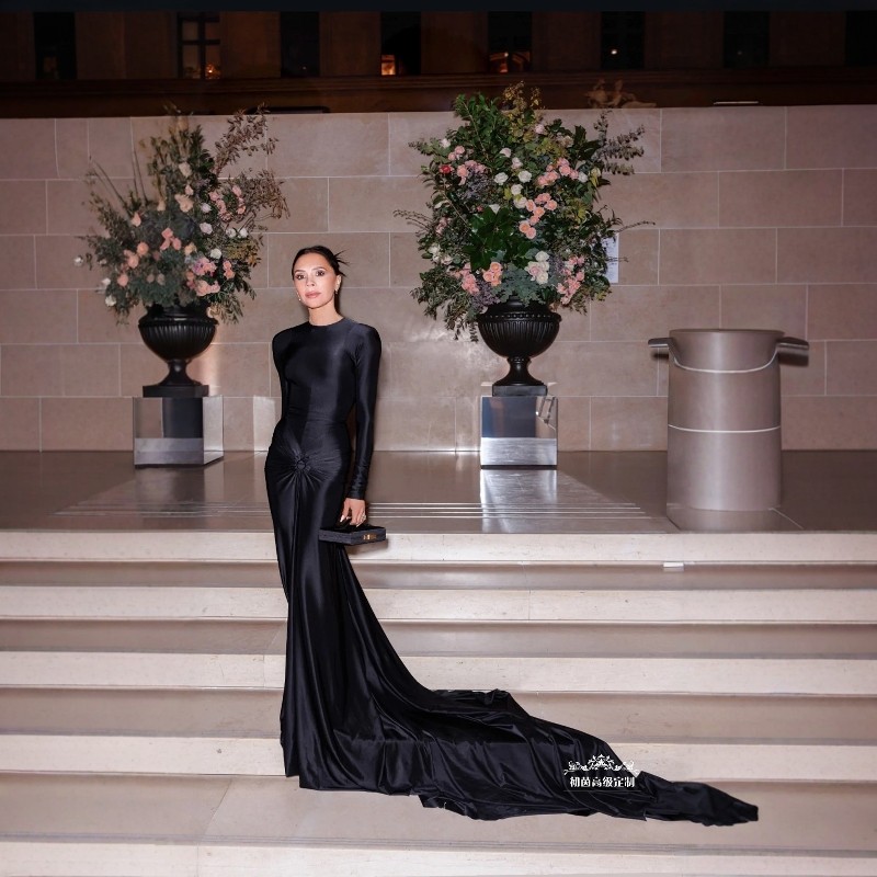 高级定制贝嫂同款黑色醋酸针织弹力修身礼服裙鱼尾拖尾显瘦大牌春