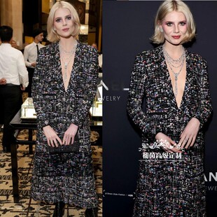 高端定制欧美时尚 A裙名媛英伦春秋 气质粗花呢小香风连衣裙女长款