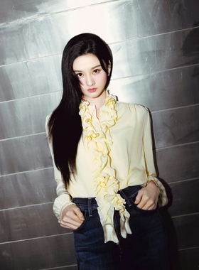 明星宋祖儿同款浅黄色真丝衬衫女荷叶边桑蚕丝上衣通勤OL时尚夏季