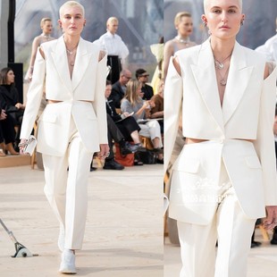 高端定制个性时尚设计感白色羊毛西装套装女长款露腰欧美大牌春秋