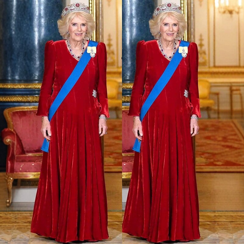 高级私人定制红色气质高级丝绒长袖礼服齐地百褶长裙主持人年会女