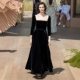 复古OL风修身 秀场同款 黑色方领真丝丝绒礼服裙法式 A摆长裙宴会女