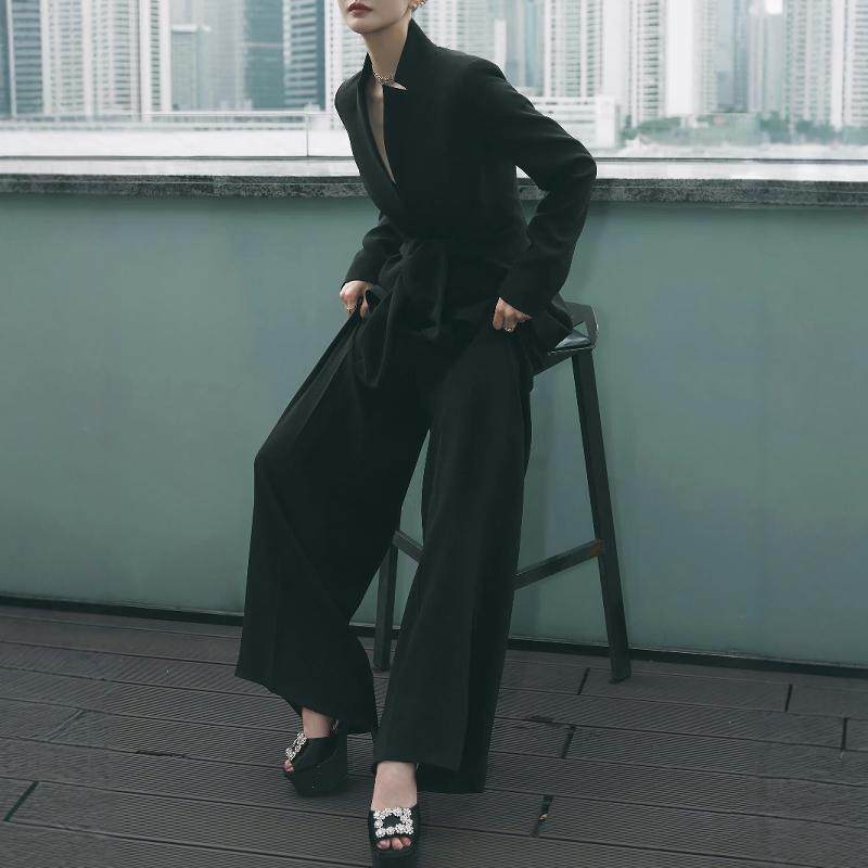 高级定制明星同款黑色职业女裤时尚套装修身西装外套+宽松西裤秋