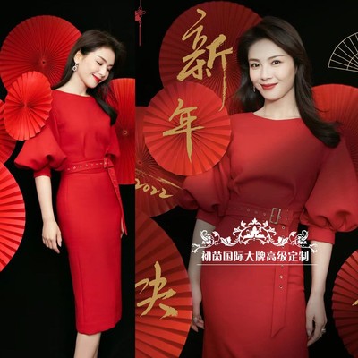 优雅H型聚酯醋酸纤维纯色灯笼袖