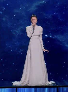 高端定制春晚王菲同款浅灰白色高领长袖修身礼服裙长款拖尾大牌春